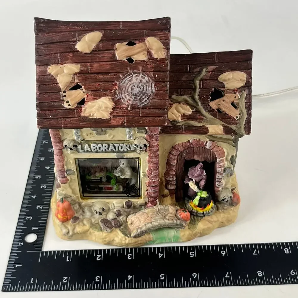 Halloween Village Lighted Laboratory Witches Brew Mummy Haunted House Ceramic